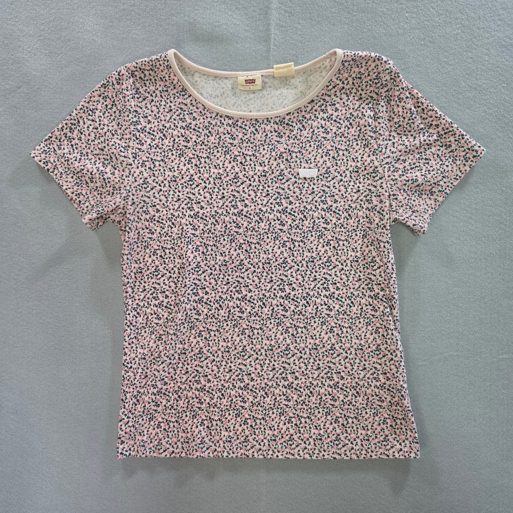 Levi's Coquette Ditsy Floral Ribbed Baby Tee Large 90s Soft Girl Pink Cream